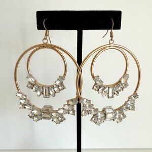 Large gold tone statement double hoop earrings w/ clear crystal embellishments